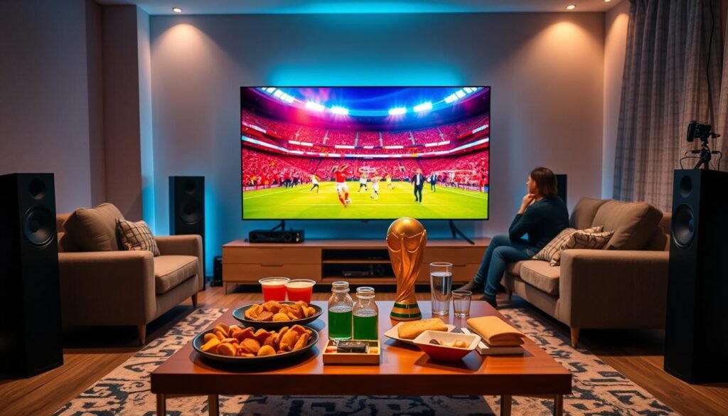 A modern living room setup for optimal 4K viewing, featuring a sleek, large-screen television displaying vibrant colors with a World Cup final scene. Surround sound speakers positioned strategically around the room enhance the immersive experience. The foreground shows a stylish coffee table with snacks and drinks, creating a celebratory atmosphere. In the middle ground, a plush sofa with people in professional attire excitedly watching the game adds to the lively mood. The background features dimmed ambient lighting, focused on the TV screen, creating an inviting and warm environment. A golden World Cup trophy subtly placed nearby symbolizes the championship spirit. Ensure the image conveys a premium viewing experience with dynamic angles and a festive ambiance.