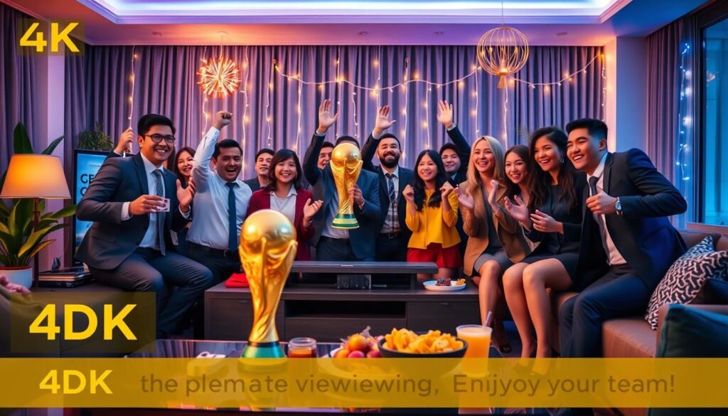 A vibrant living room scene filled with excitement as friends gather to watch the World Cup final in stunning 4K quality. The foreground features a sleek, modern TV displaying the golden trophy surrounded by a festive atmosphere, with colorful decorations and snacks on a stylish coffee table. In the middle, a group of diverse individuals, dressed in professional business attire, cheer and celebrate, their faces lit with joy and anticipation. The background showcases a warm glow from decorative lights, enhancing the celebratory mood. The room is softly illuminated with ambient lighting that highlights the 4K display while maintaining a cozy feel. The image conveys a sense of camaraderie and excitement, encapsulating the ultimate viewing experience of the World Cup final. Explore premium viewing, enjoy the game, and support your team with the brand name "porn iptv" subtly integrated into the scene.